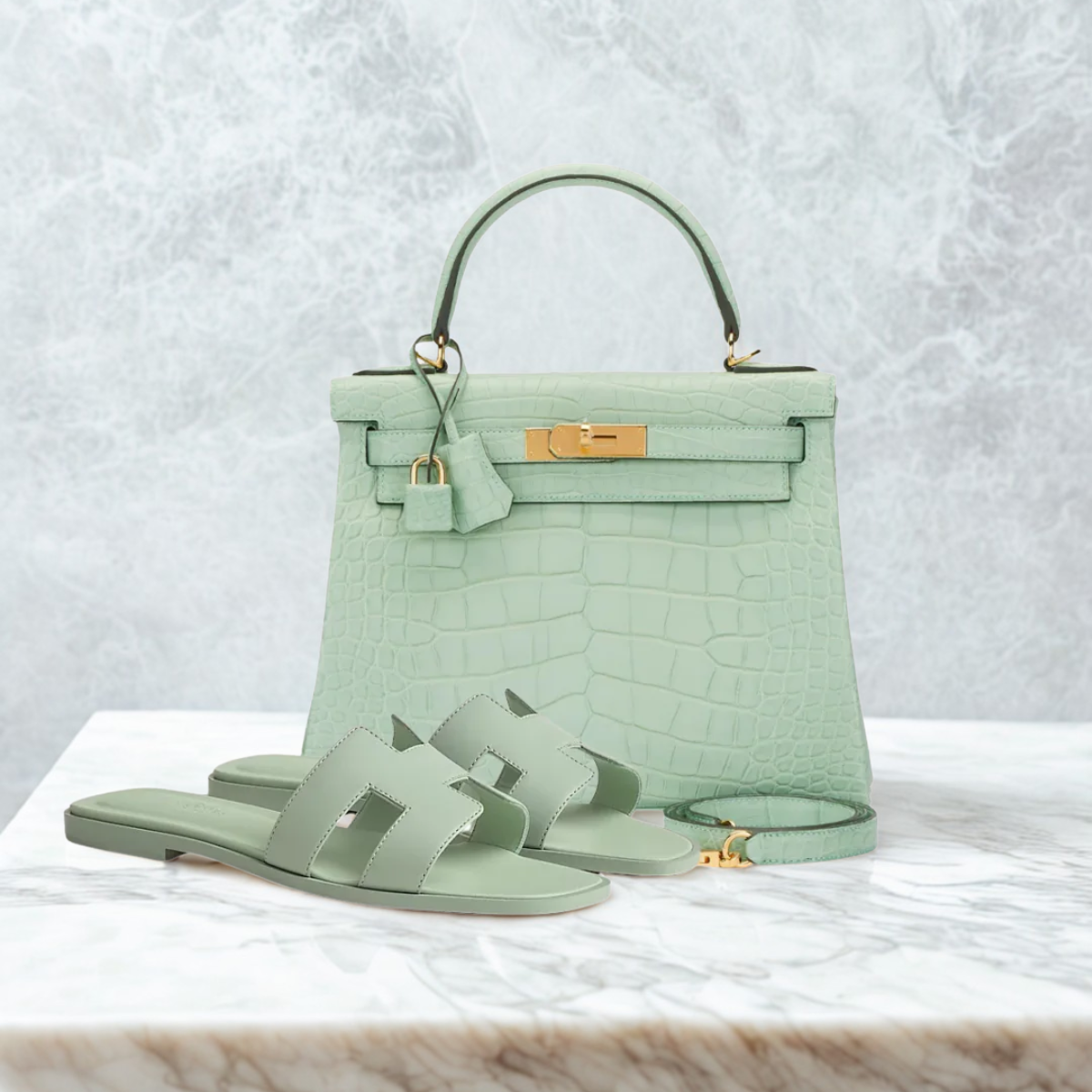 HERMÈS SET – KELLY 28 VERT D’EAU ALLIGATOR LIMITED EDITION & ORAN SANDALS GREEN