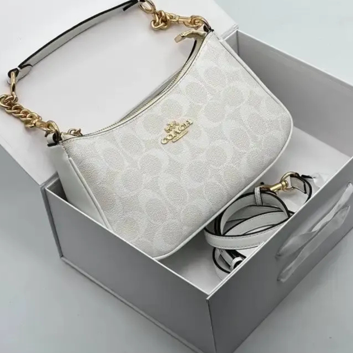 SET COACH – LOCKUP LEATHER SLIDE SANDAL & TERI SIGNATURE CANVAS BAG