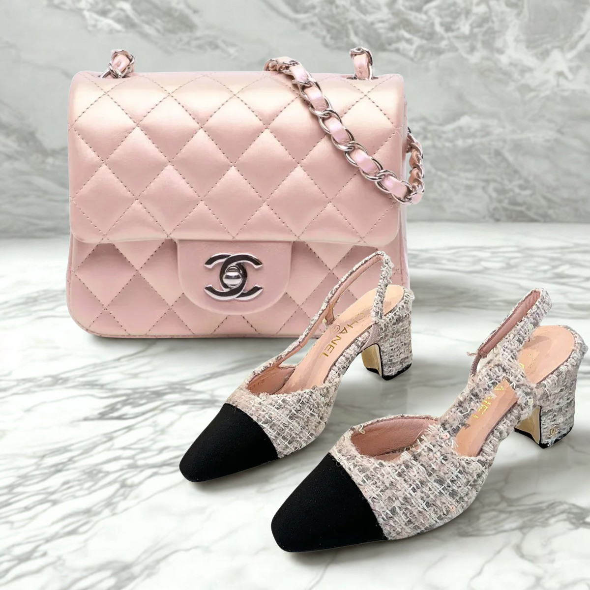 CHANEL MINI FLAP PINK & SLINGBACK TWEED SET